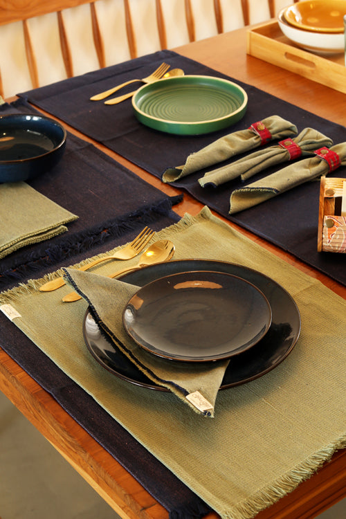 Dark Blue and Light Moss hand spun Cotton Table Linen Set of 6