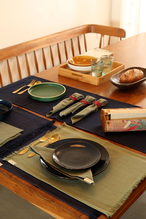 Dark Blue and Light Moss hand spun Cotton Table Linen Set of 6