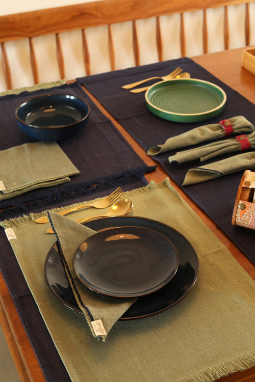 Dark Blue and Light Moss hand spun Cotton Table Linen Set of 6