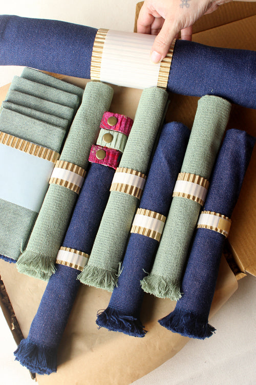 Dark Blue and Light Moss hand spun Cotton Table Linen Set of 6
