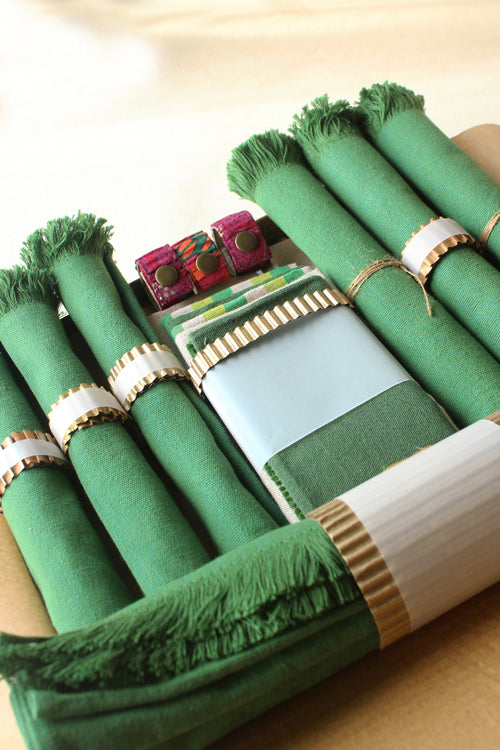 Forest Cotton Table Linen with Solid Mix and Stripes Napkins Set of 6
