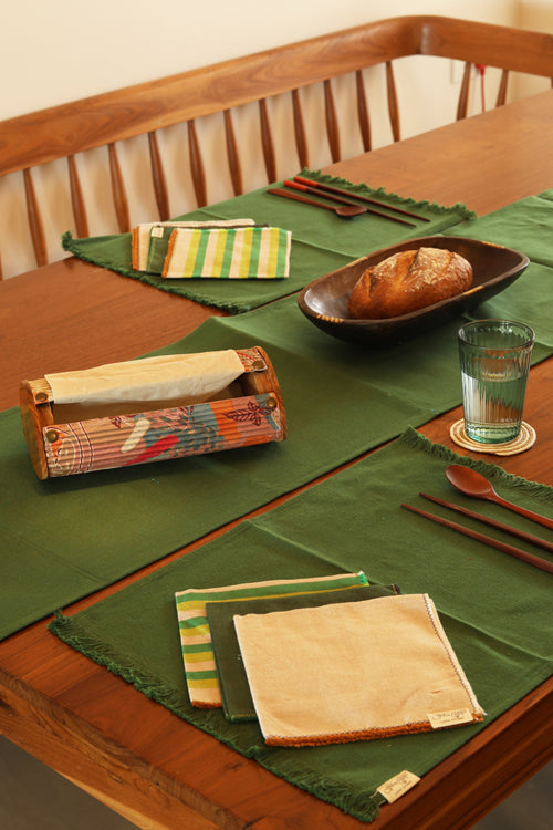 Forest Cotton Table Linen with Solid Mix and Stripes Napkins Set of 6
