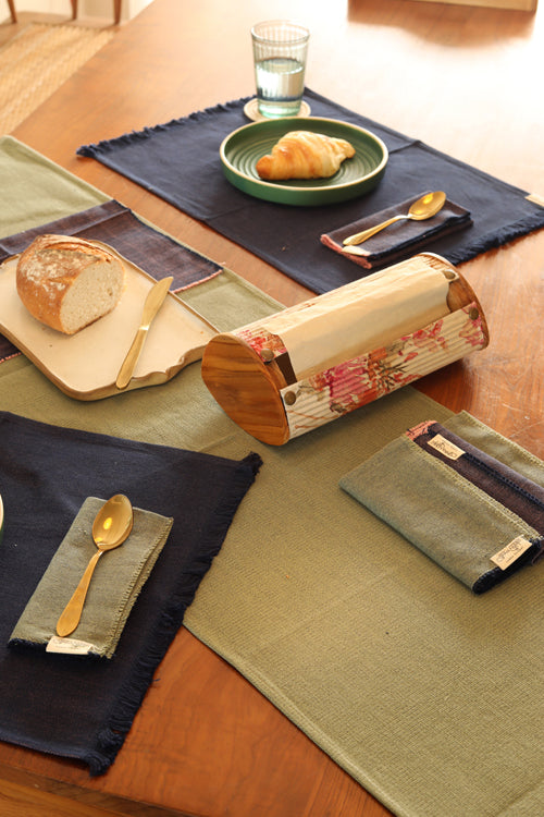 Sage and Dark Blue & Pink Handspun Table Linen Set of 6