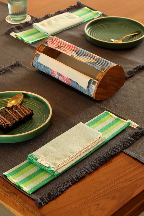 Stone Grey Cotton Table Linen with Solid Mix and Stripes Napkins Set of 6
