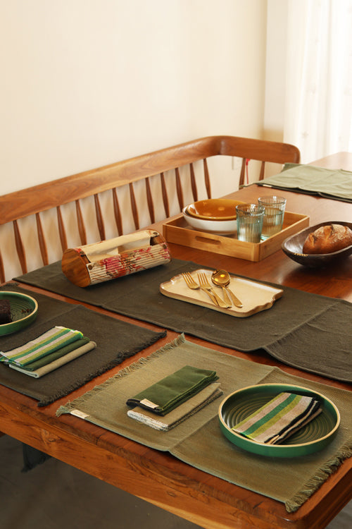 Stone and Sage Cotton Table Linen with Mix Solid and Stripes Napkins Set of 6