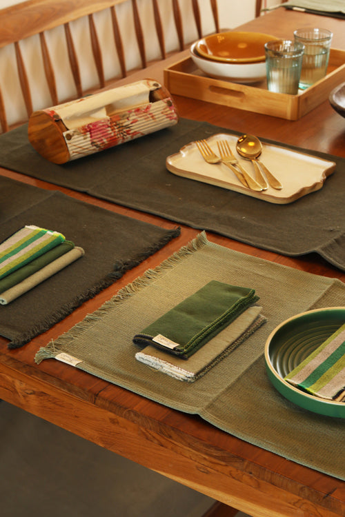Stone and Sage Cotton Table Linen with Mix Solid and Stripes Napkins Set of 6