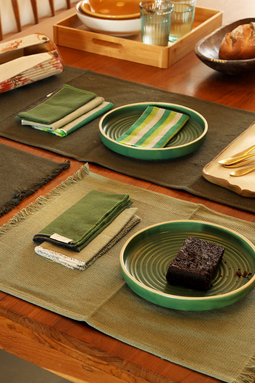 Stone and Sage Cotton Table Linen with Mix Solid and Stripes Napkins Set of 6