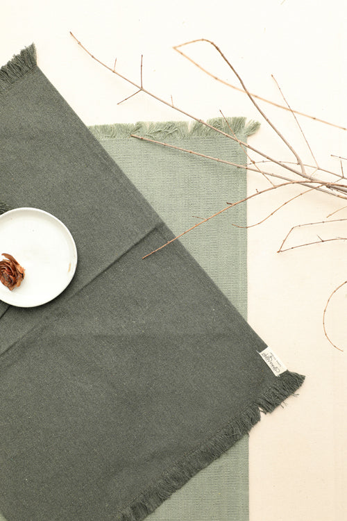 Stone and Sage Cotton Table Linen with Mix Solid and Stripes Napkins Set of 6