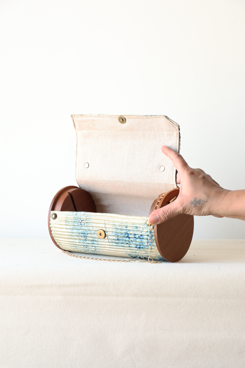 Non detachable fixed sleeve - round -Bidan upcycled Round Clutch