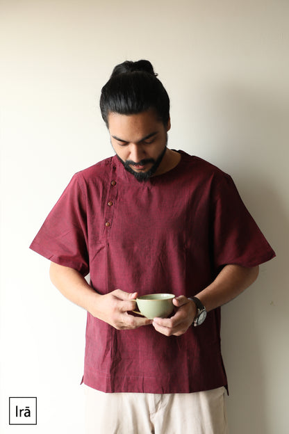 Red wine winged collar Pehran (Shirt)