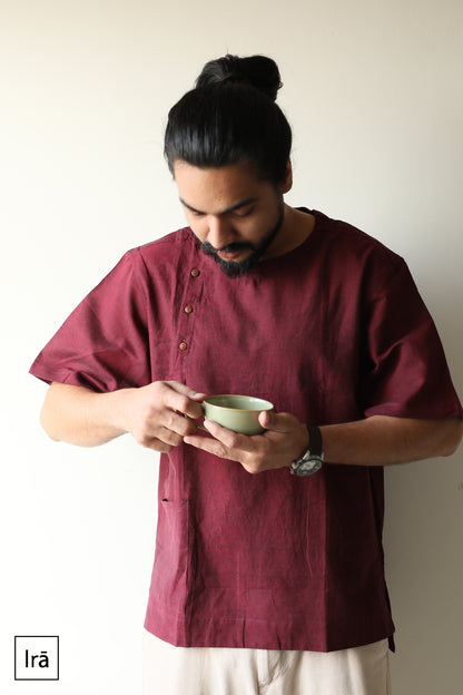 Red wine winged collar Pehran (Shirt)