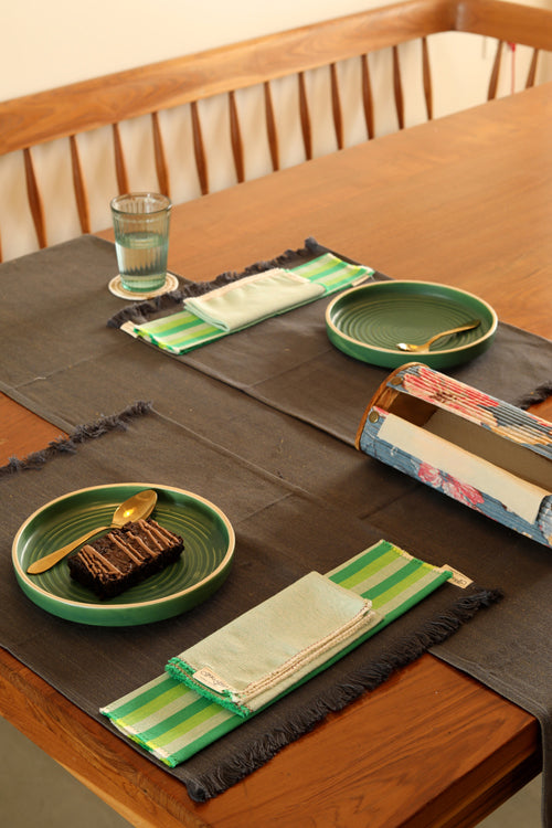 Stone Grey Cotton Table Linen with Solid Mix and Stripes Napkins Set of 6
