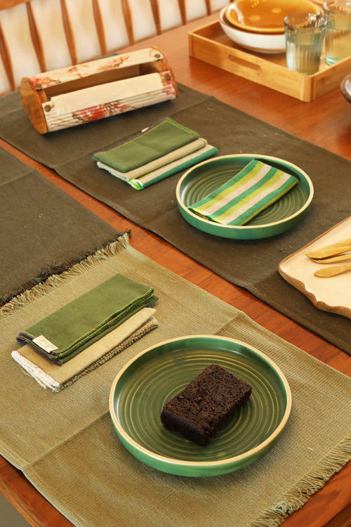 Stone and Sage Cotton Table Linen with Mix Solid and Stripes Napkins Set of 6
