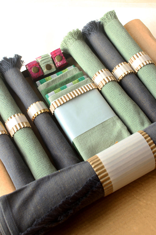Stone and Sage Cotton Table Linen with Mix Solid and Stripes Napkins Set of 6