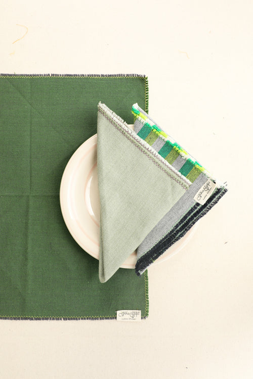 Stone and Sage Cotton Table Linen with Mix Solid and Stripes Napkins Set of 6